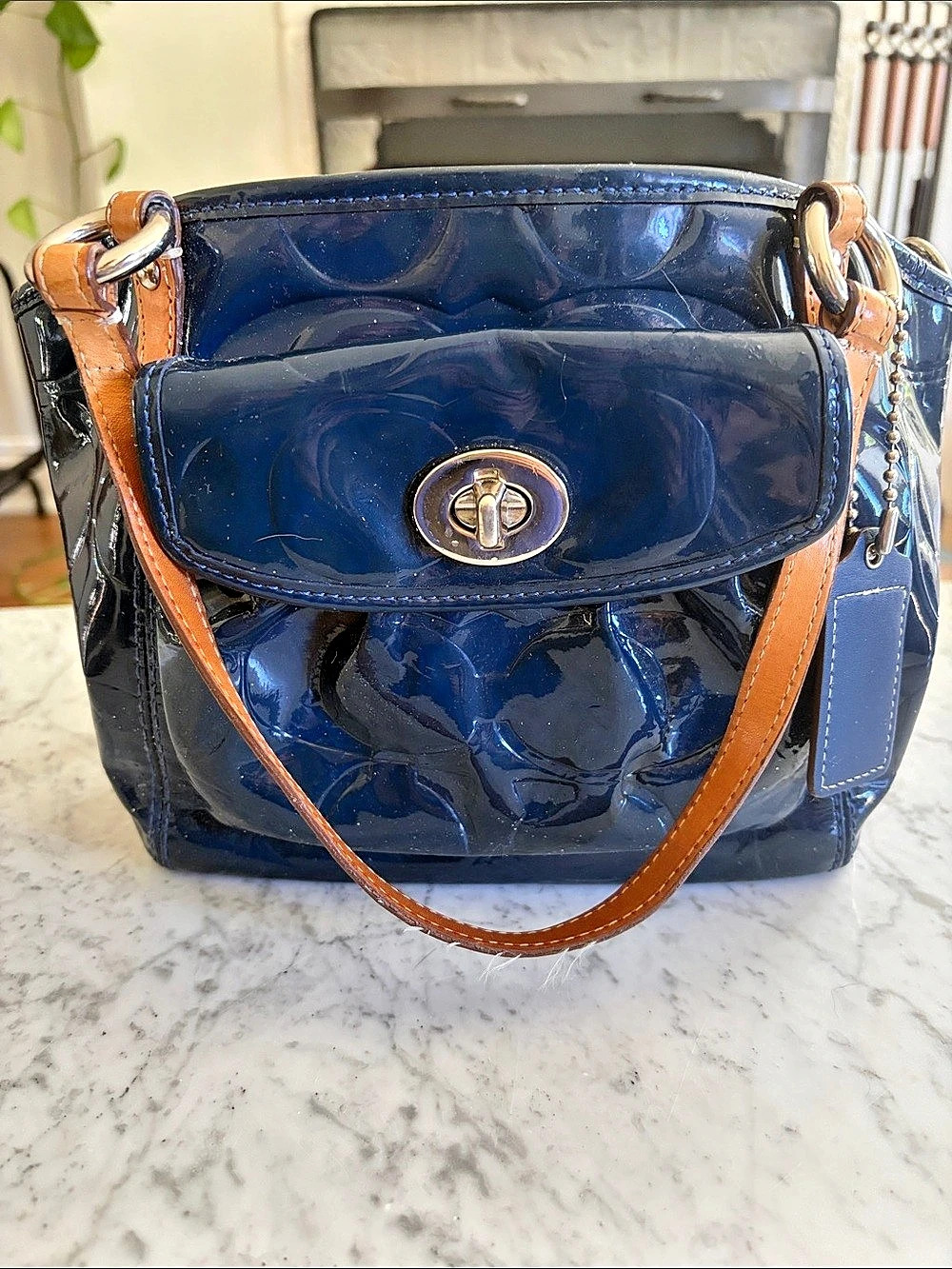Coach Patent Leather Tote in Blue & Brown